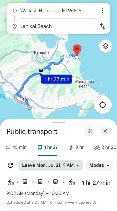 waikiki to lanikai beach bus map
