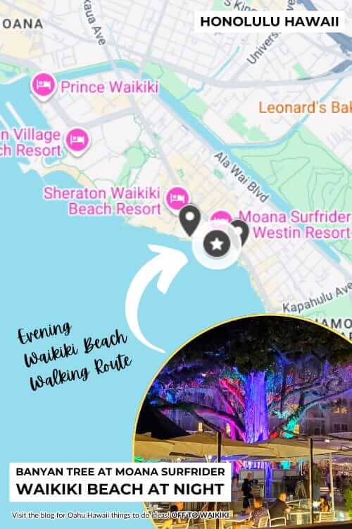 moana banyan tree at night map. waikiki beach evening walking route