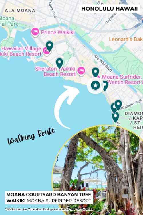 moana surfrider banyan tree map. waikiki beach walking route